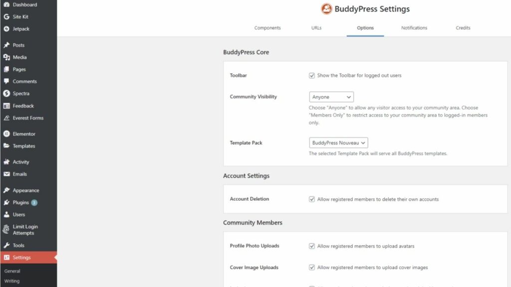 BuddyPress Setting Options tab