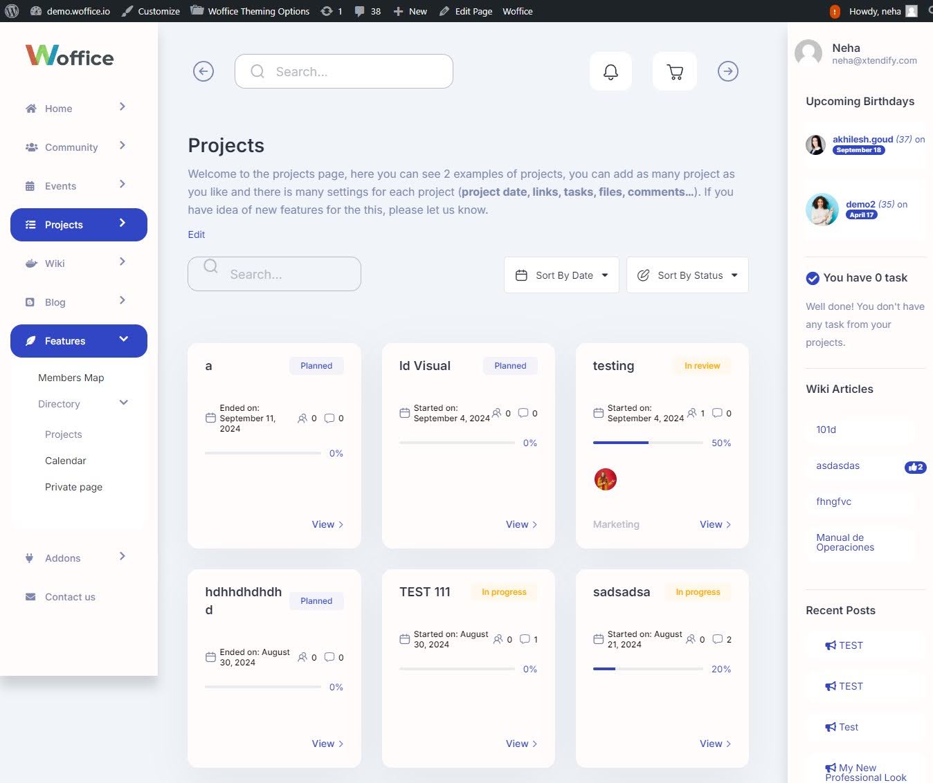 Woffice project dashboard